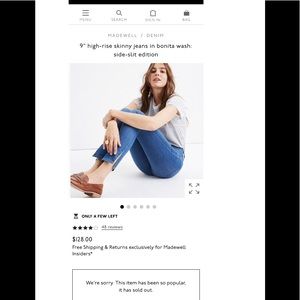 NWOT Madewell Jeans 9’’ High rise skinny